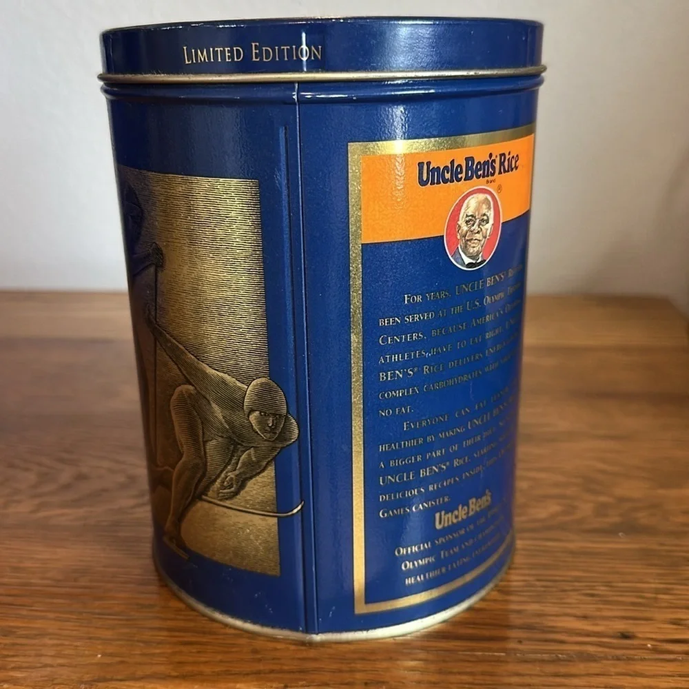 Vintage Uncle Ben’s Rice Blue and Orange Tin featuring the 1992 Winter Olympics